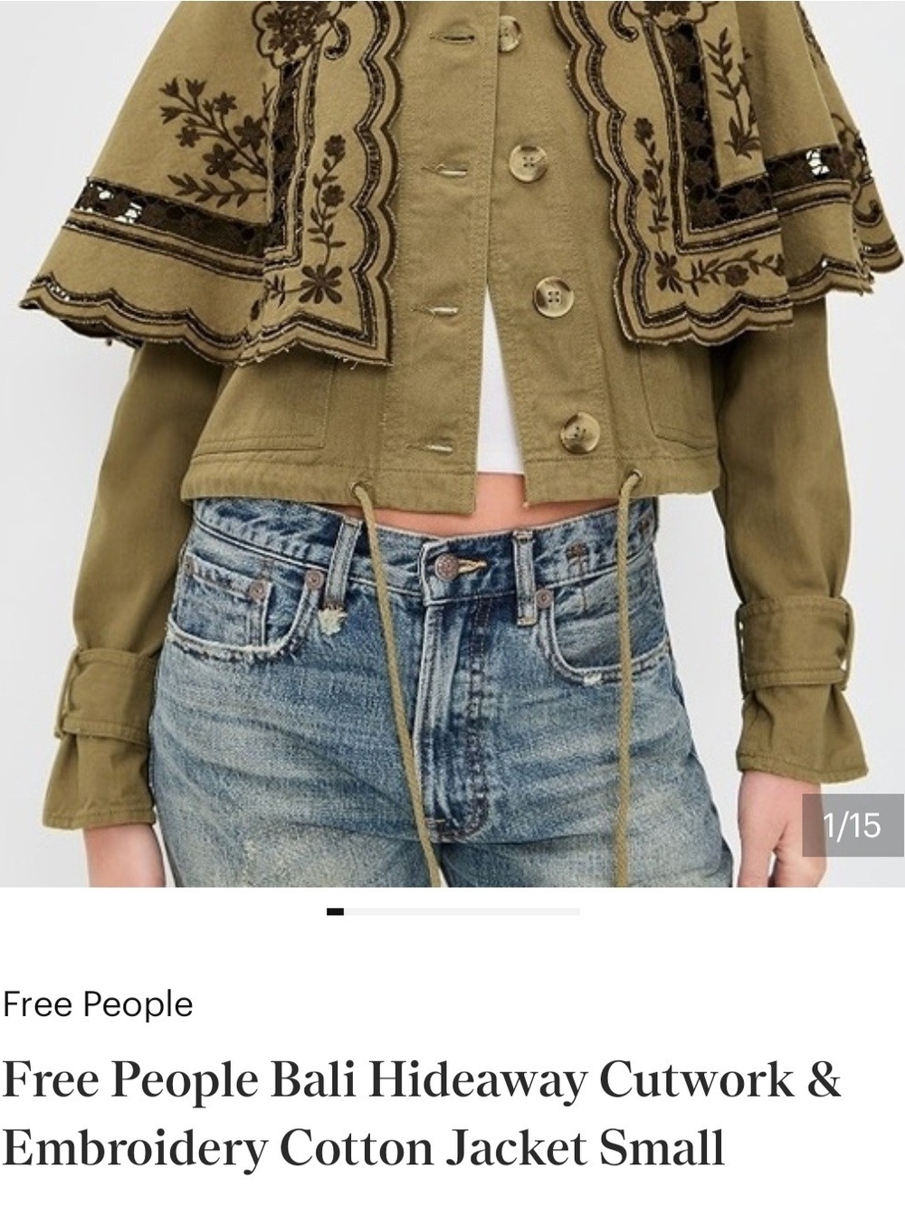Free People Olive Cutwork & Embroidered Cotton Jacket